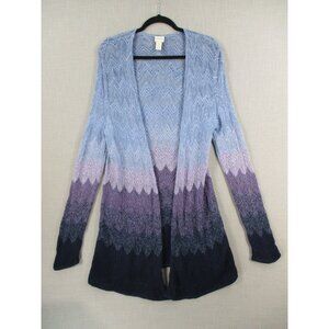 Chicos Open Front Knit Cardigan Ombre Chevron Blue Purple Womens Size 2 Cotton B
